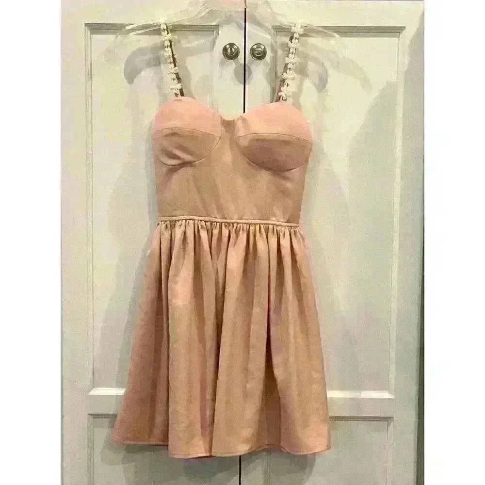 ALYTHEA dress Womens Small Pink Mini Back Zip Balletcore Stretch Daisy Straps